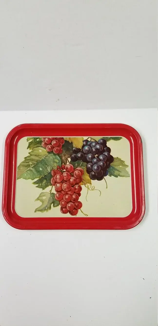 Set of 3 Vintage 1960s Metal TV Lap Trays Red Border Grape Vineyard Cottagecore